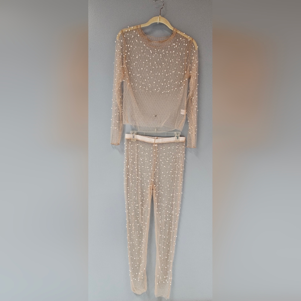 Mesh Sheer Embellished with Pearls Top + Leggins
